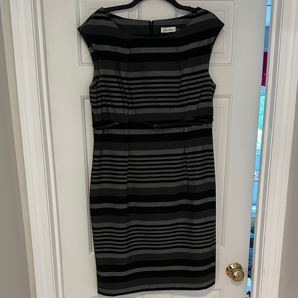 Calvin Klein Black and Gray Striped Midi Dress